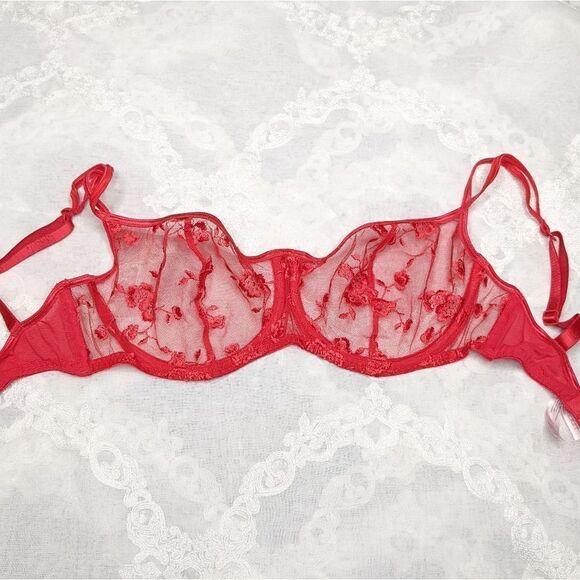 Victoria's Secret Other - Victoria's Secret Red Lace Bra Mesh Sheer Floral Embroidered 34D Y2K Vintage